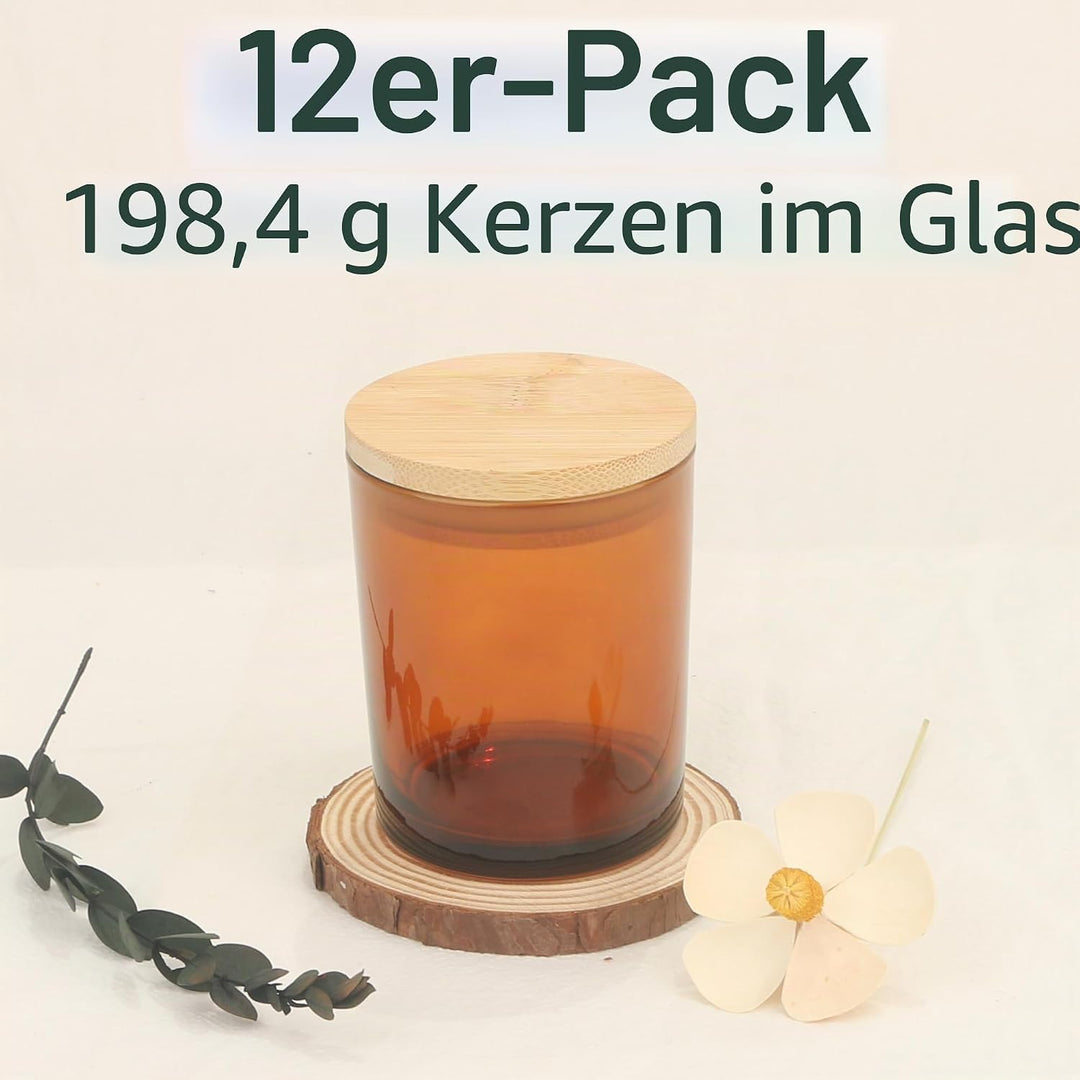 MILIVIXAY 12 Stück 200 ml bernsteinfarbene dicke Glas-Kerzengläser mit Deckel – leere Kerzengläser f