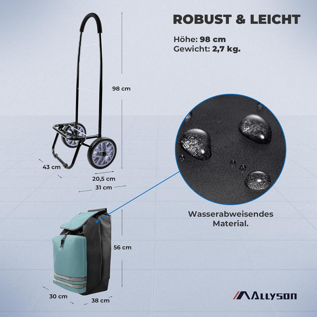 Allyson® Einkaufstrolley klappbar mit Reflektoren & Kühltasche, Einkaufswagen 45L Kapazität, Wetterf