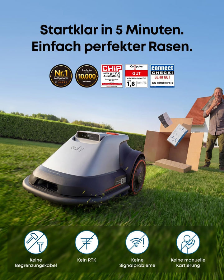 eufy Mähroboter E18 Set mit Garage &amp; Ersatzklingen, ohne Begrenzungskabel | Bis zu 1200m², TrueVisio