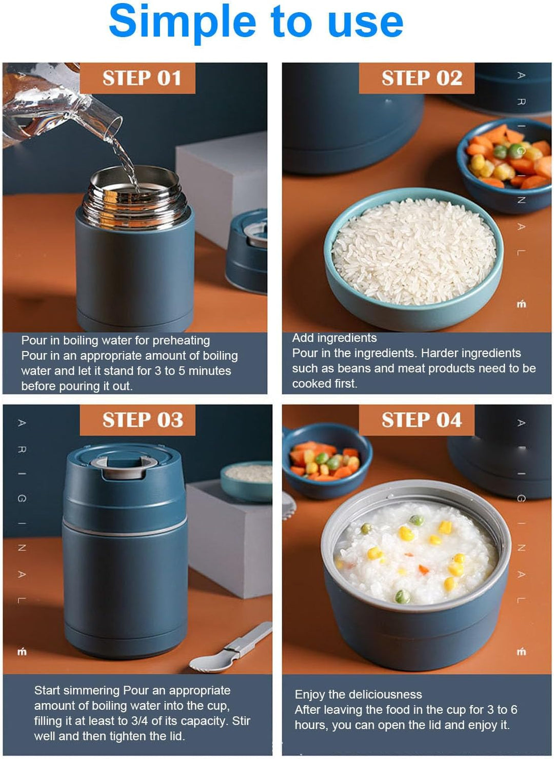 Thermobehälter für Essen mit Faltbar Löffel, 1000 ml Kapazität Blau, Blau
