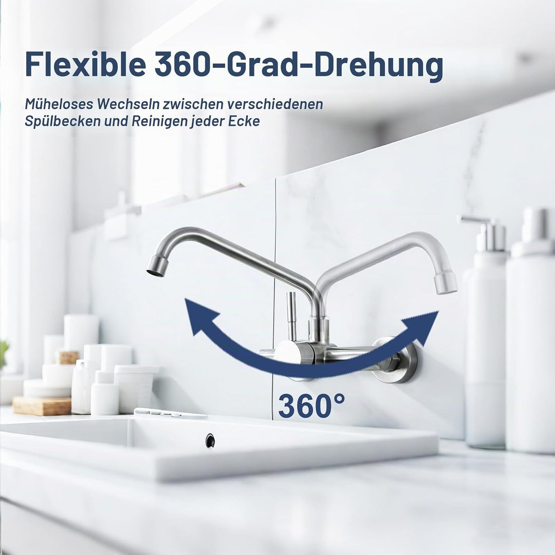 Wasserhahn Wandmontage, Edelstahl wasserhahn Küche 360° Drehbare Wasserhahn Verlängerung Kalt und He