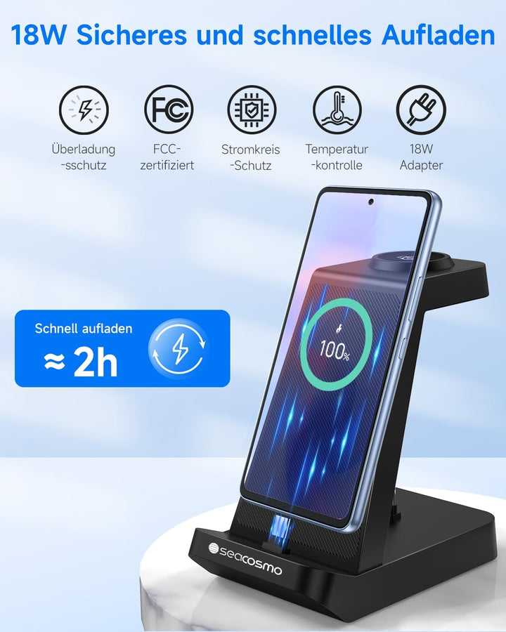 seacosmo 3 in 1 Ladestation, 18W Samsung Ladegerät handyhalterung für Galaxy Buds und Samsung A55/A5
