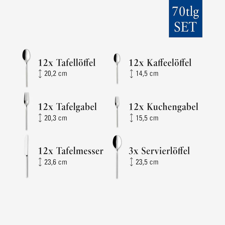 Villeroy & Boch - NewWave Tafelbesteck 70-teilig Silber, Spülmaschinenfest, Besteck Set für 12 Perso