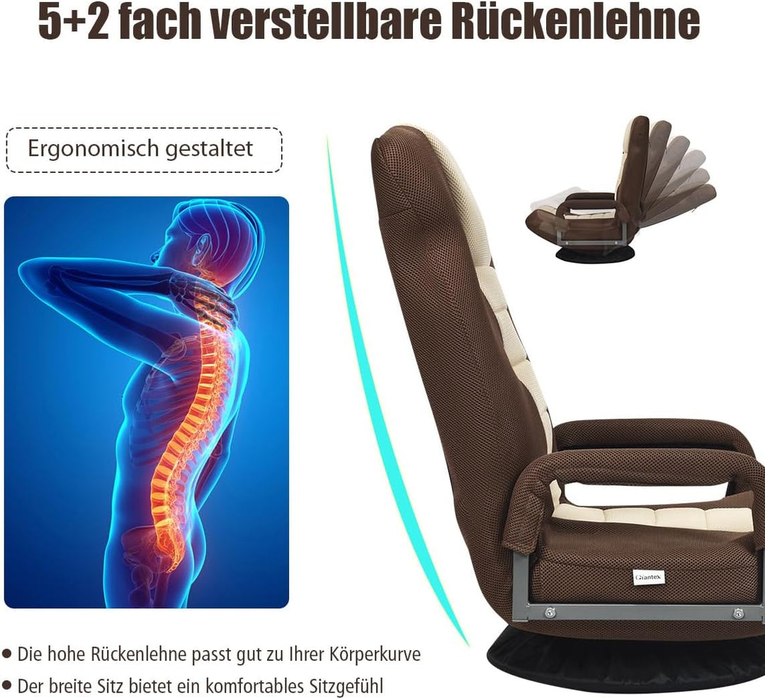 RELAX4LIFE Bodenstuhl Klappbar, Bodensessel mit 7-Fach Verstellbarer Rückenlehne &amp; 360° drehbarem So