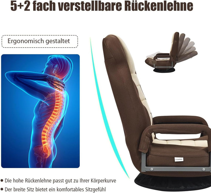 RELAX4LIFE Bodenstuhl Klappbar, Bodensessel mit 7-Fach Verstellbarer Rückenlehne &amp; 360° drehbarem So