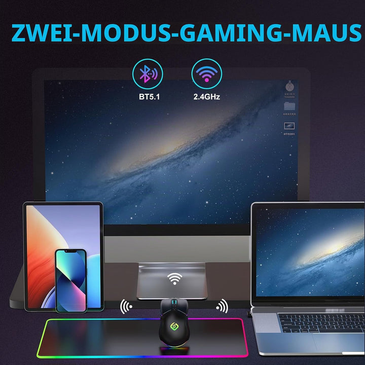 Kabellose Gaming Maus, Dual Mode 2.4GHz/Bluetooth 5.1 Maus Gaming, RGB LED Hintergrundbeleuchtung, E