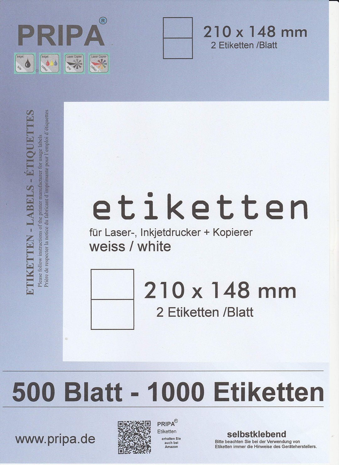 pripa Universal Etiketten 210 x 148 mm - 500 Blatt Grosspackung DIN A4-1000 selbstklebende bedruckba