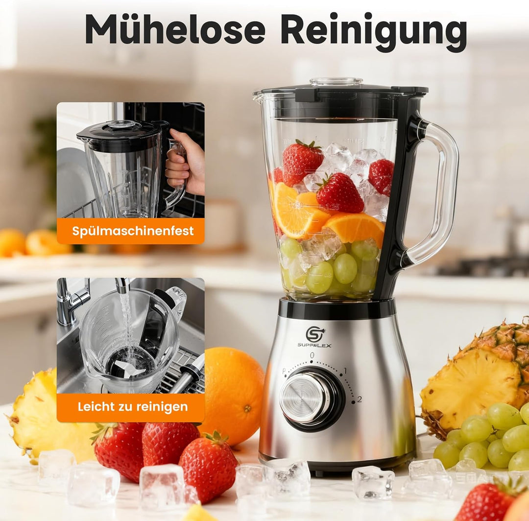 Standmixer 800W Hochleistungsmixer mit 1,5L Glasbehälter 2 Geschwindigkeitsstufen Plus Pulse Edelsta