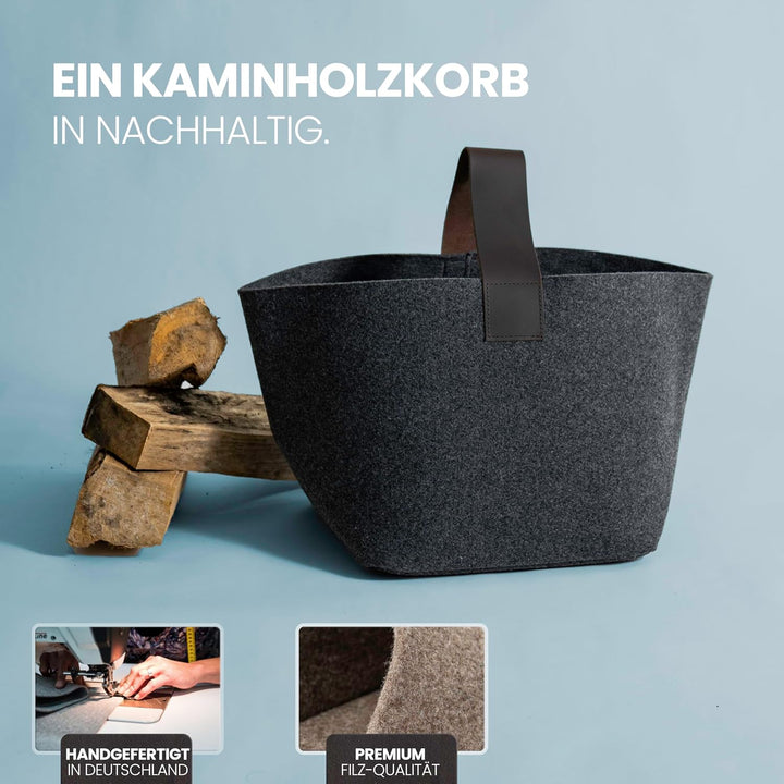 Designer Kaminholzkorb Filz [30L] - Made in Germany Holzkorb für Kaminholz aus upcycling rPET Filz m
