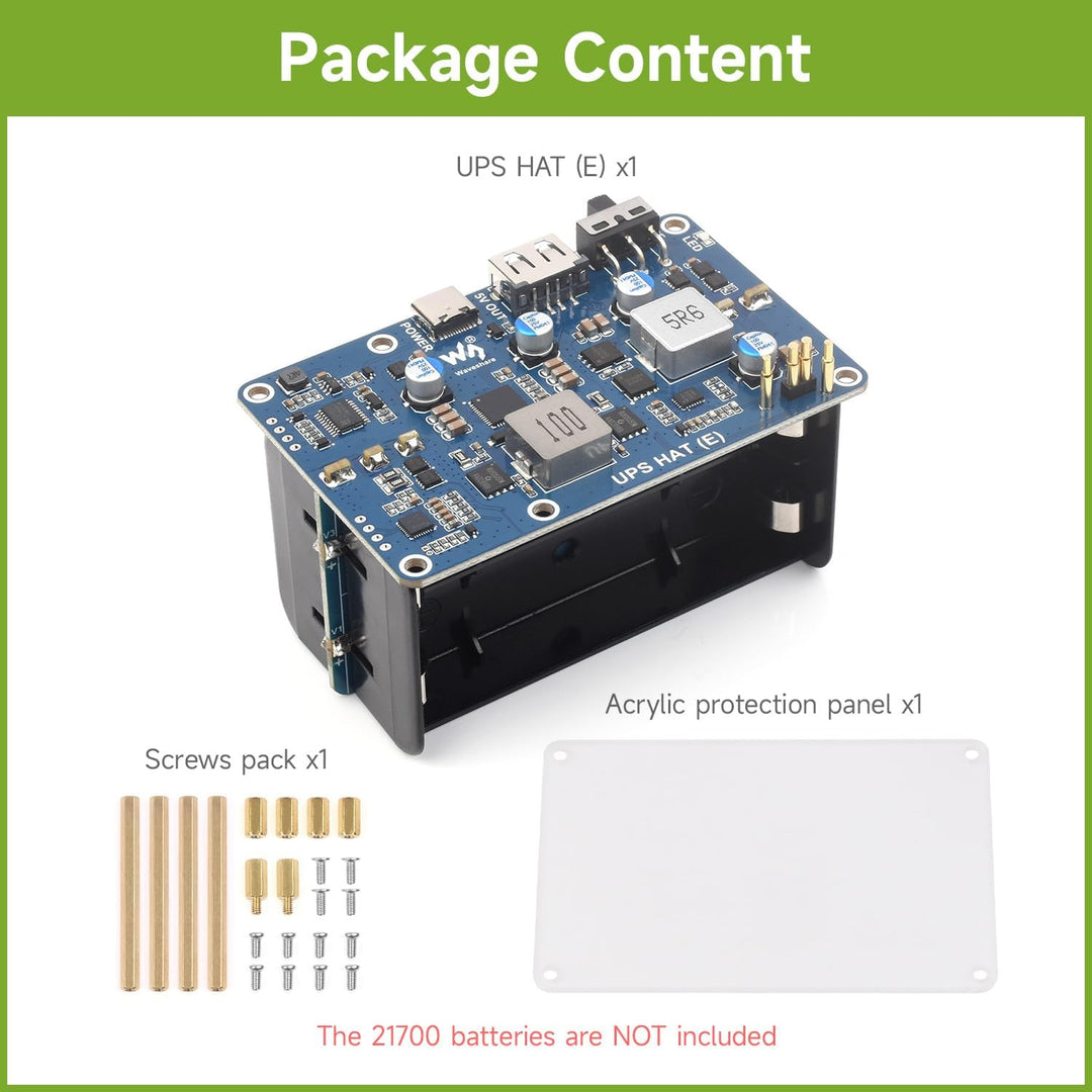 Waveshare UPS HAT (E) for Raspberry Pi 5/4B/3B+, Supports 4× 21700 Li Batt (NOT Included), Bi-Direct