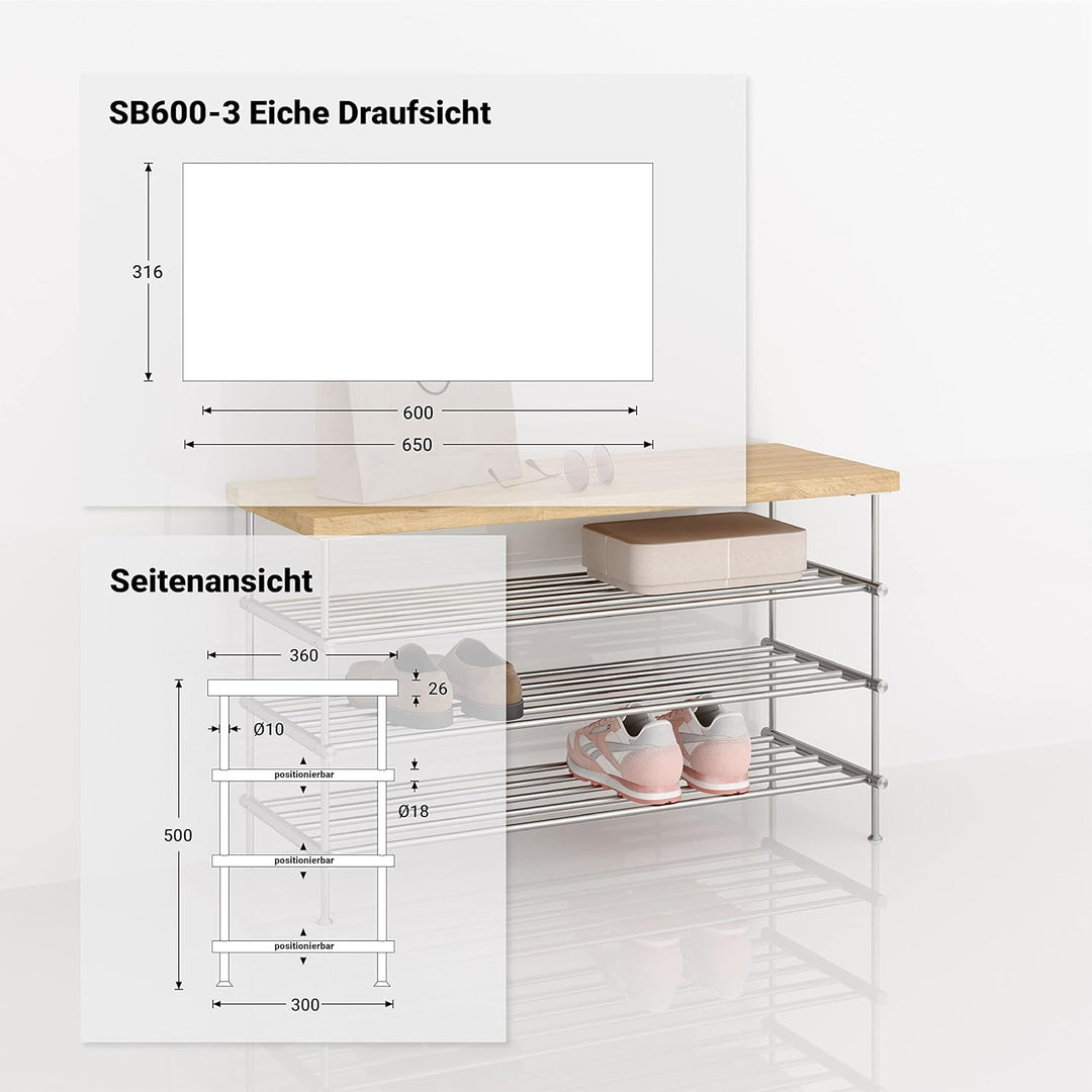 PHOS Design, SB600-3-Eiche, 60 cm Schuhbank mit massiver Eichenholz-Sitzfläche und 3 Edelstahl-Schuh