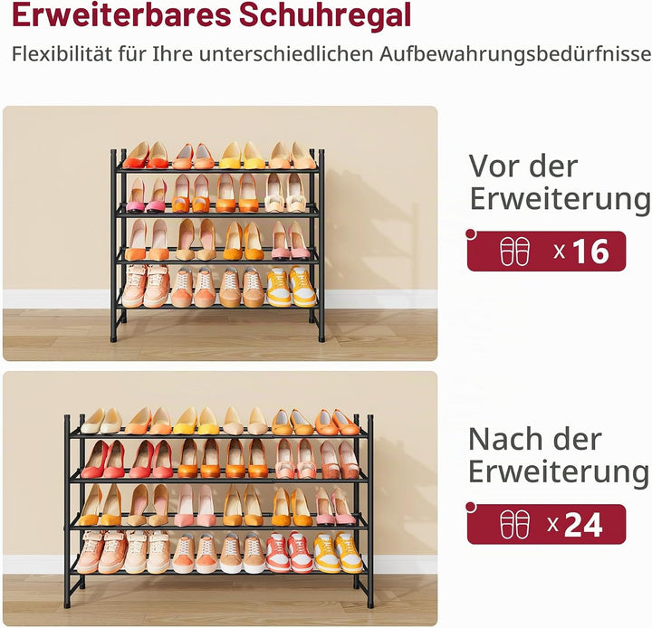 Tajsoon Schuhregal 4 Ebenen, 74–104 cm verstellbar &amp; stapelbar, für Eingang, Kleiderschrank, Garage,