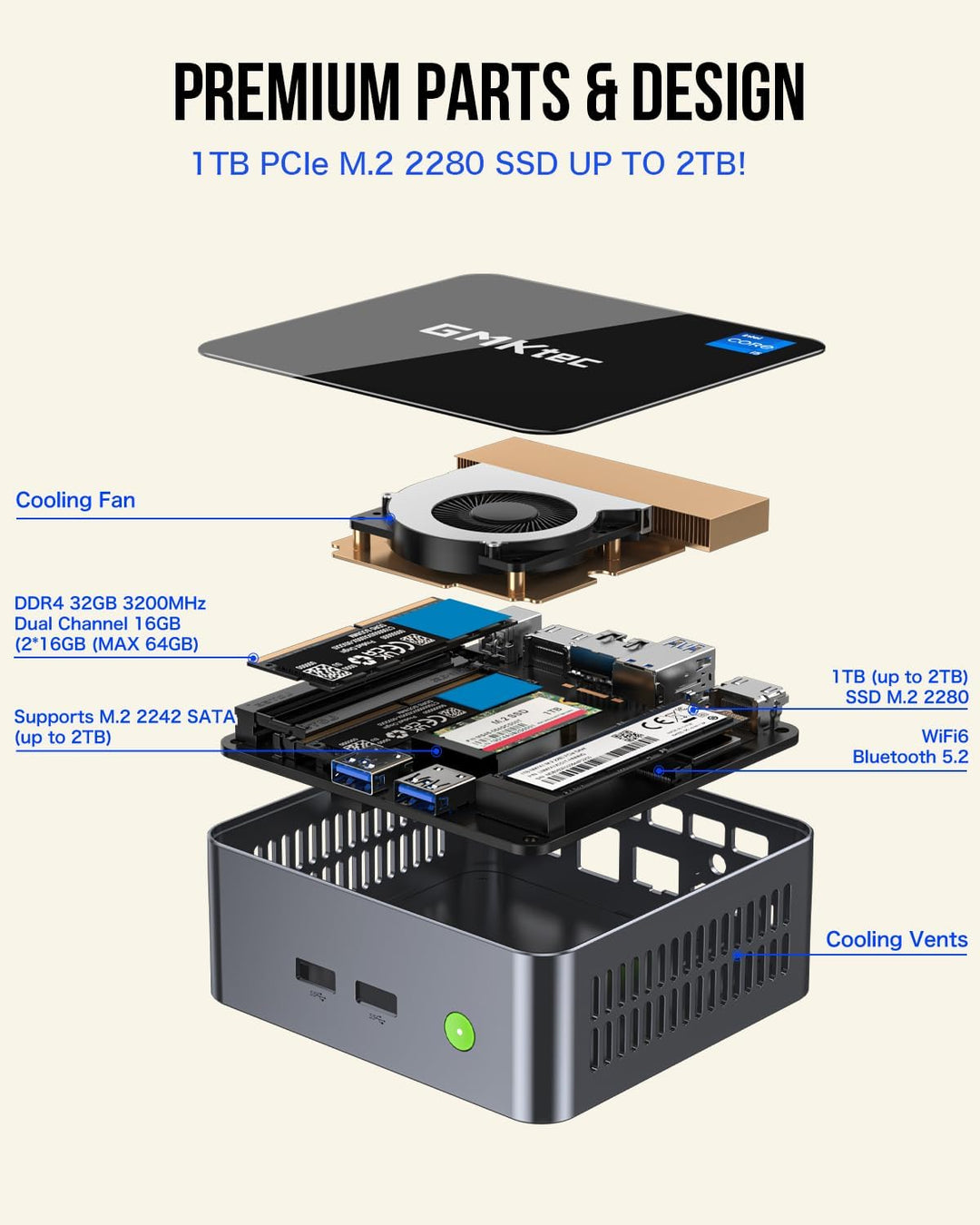 GMKtec Mini-PC Intel i5-12450H (Turbo 4,4 GHz) 16 GB (8x2) DDR4 3200 MHz 1 TB M.2 PCIe3.0 NVMe SSD M