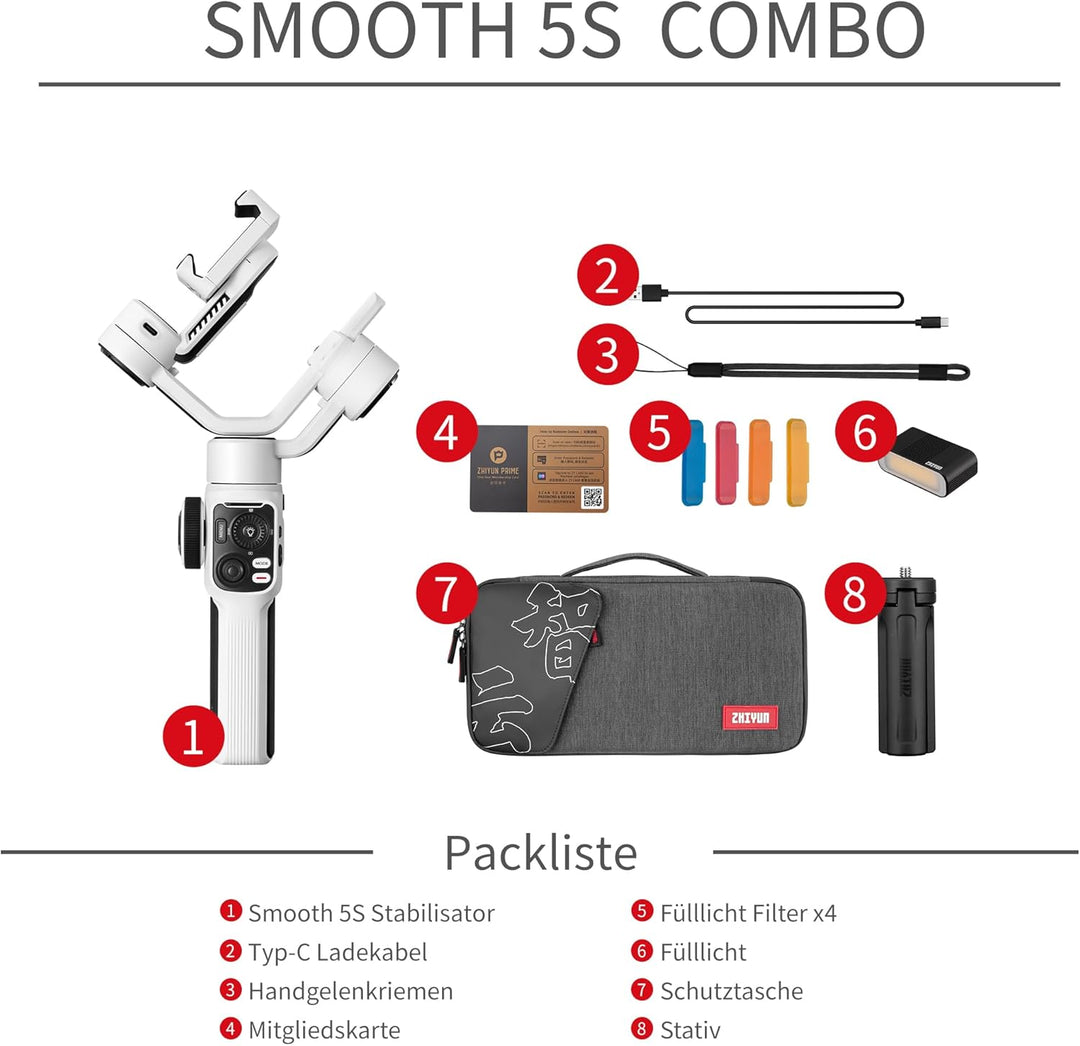 ZHIYUN Smooth-5S Combo [offiziell] iPhone Gimbal Stabilisator, Handy Gimbal mit 3 Achsen, mit Zwei F