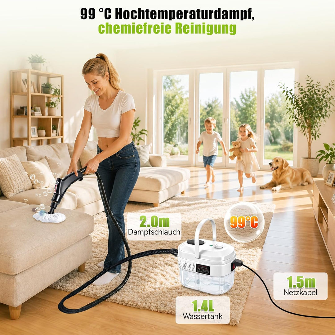 Dampfreiniger Handgerät für Alles, 3-stufig einstellbarer Dampfreiniger, mit 14 Zubehör, 15 Sekunden