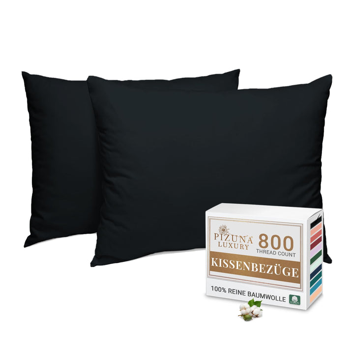 Pizuna Luxuriöser Soft-Satin 2er Pack Kissenbezug 70 x 90 cm Schwarz, 800 Fadenzahl Baumwolle Kissen