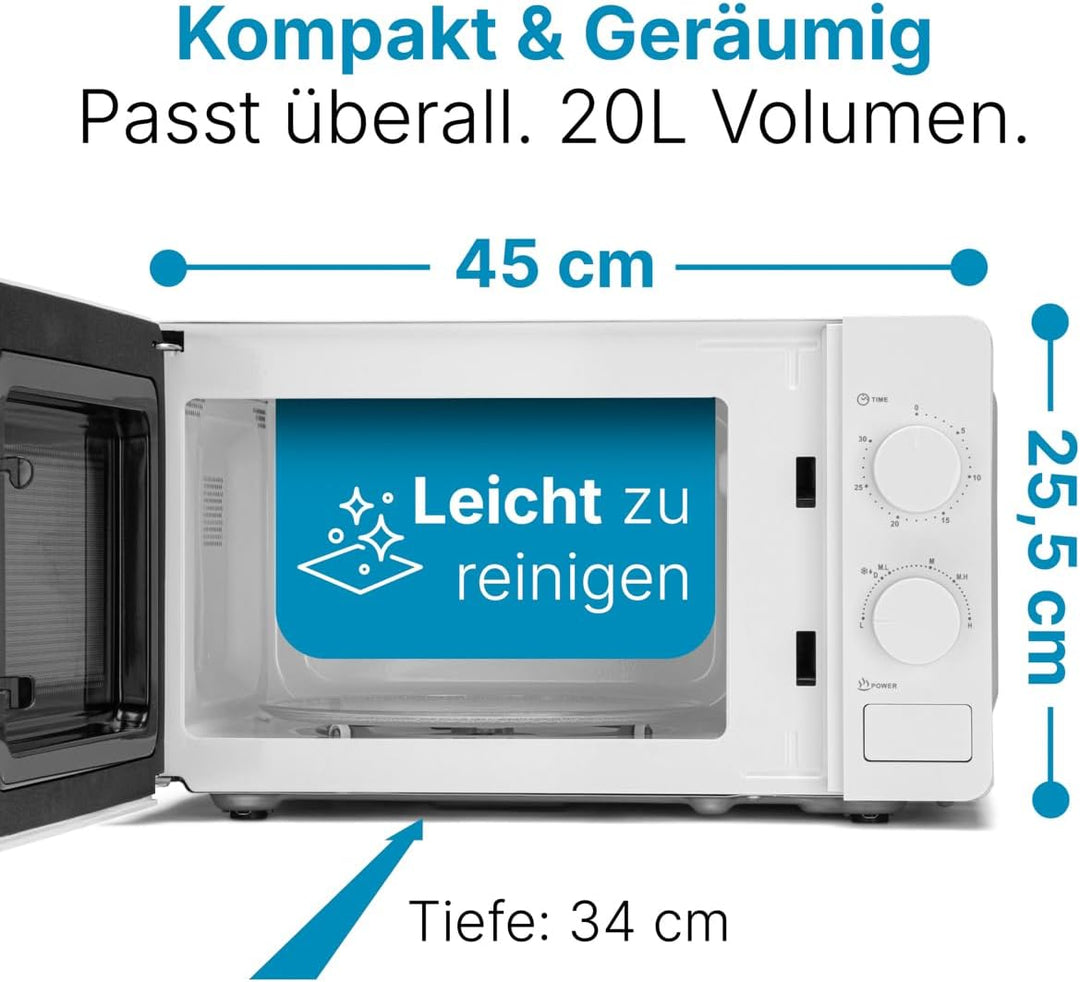 Clatronic® Mikrowelle | 700 Watt | 6 Stufen | 20 Liter Garraum | 360° Drehteller | Timer mit Endsign