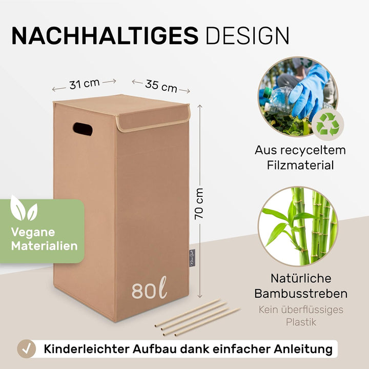 MAHEWA® Wäschekorb mit Deckel aus Filz - Grosser 80 Liter Filz Wäschesammler - Raumspar Wäschesortie