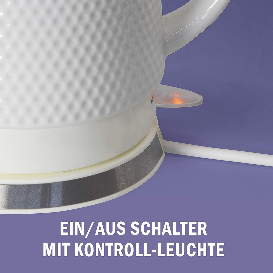 KVOTA Elektrischer Keramik Wasserkocher, Teekessel 1,5 L, 1500W, Noppen-Design, weiss, abnehmbarer