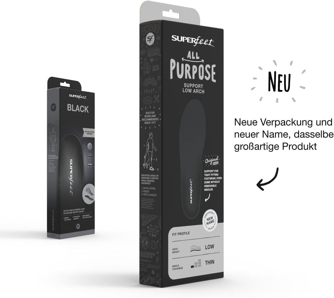 Superfeet BLACK Schuheinlagen Flexible dünne Premium Einlegesohlen für Orthopädischen Halt in engen