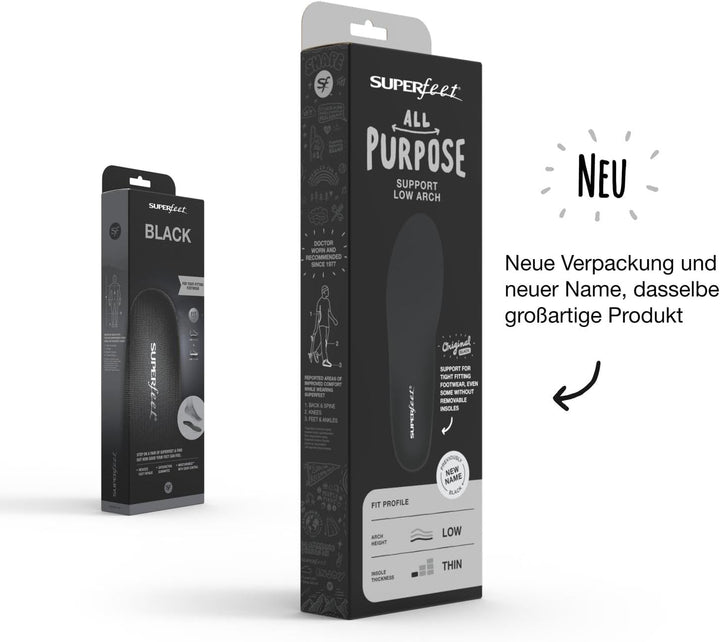 Superfeet BLACK Schuheinlagen Flexible dünne Premium Einlegesohlen für Orthopädischen Halt in engen