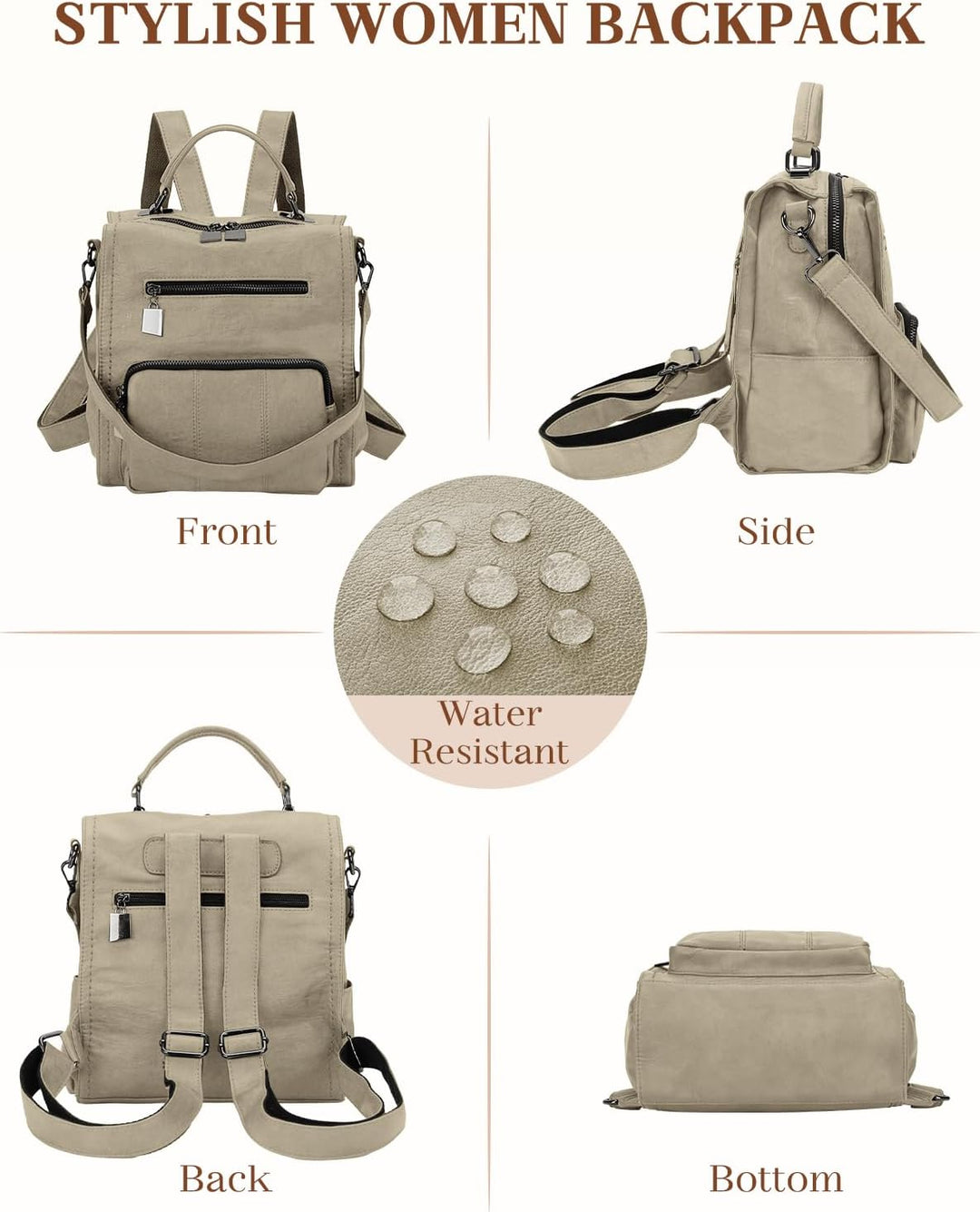 RAVUO Rucksack Damen Klein, PU Leder Kleiner Damen-Rucksackhandtaschen Mini Cityrucksack Wasserdicht
