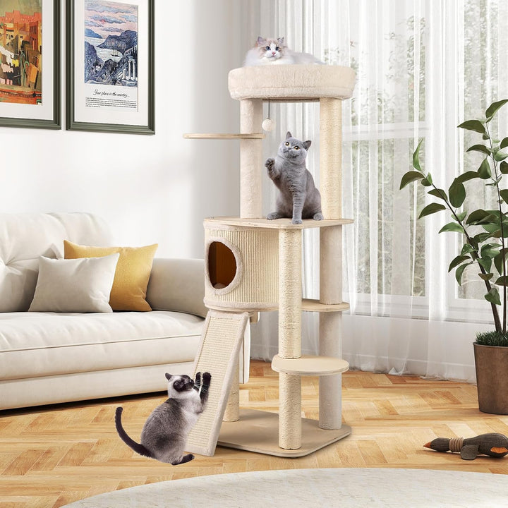 COSTWAY Kratzbaum Holz 143 cm, Katzenbaum mit Kratztonne, Sisal-Kratzsäulen, Plattform, Sisalbrett,