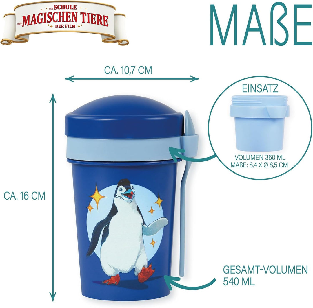 AWAVE Die Schule der Magischen Tiere Müslibecher To Go 540 ml rPET Blau Juri, Becher mit Löffel für