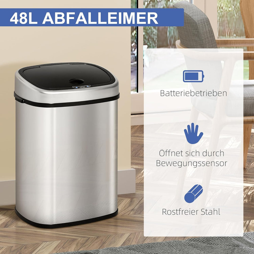 HOMCOM Mülleimer mit Sensor 48L Automatik Abfalleimer mit Bewegungssensor, Wasserdichter Abfallbehäl