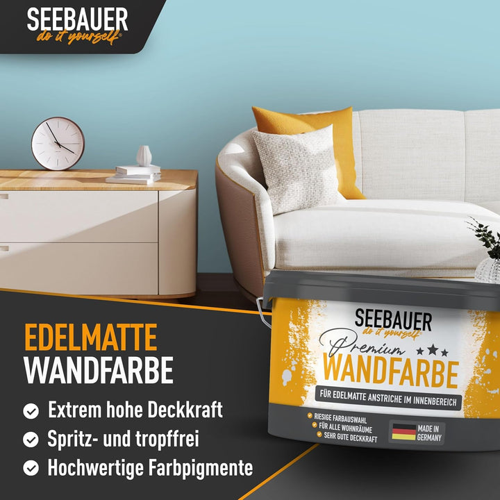 SEEBAUER diy® Wandfarbe Blau für Innen (No. 821 Arctic Blue 5,0 Liter) Edelmatte Blautöne hohe Deckk