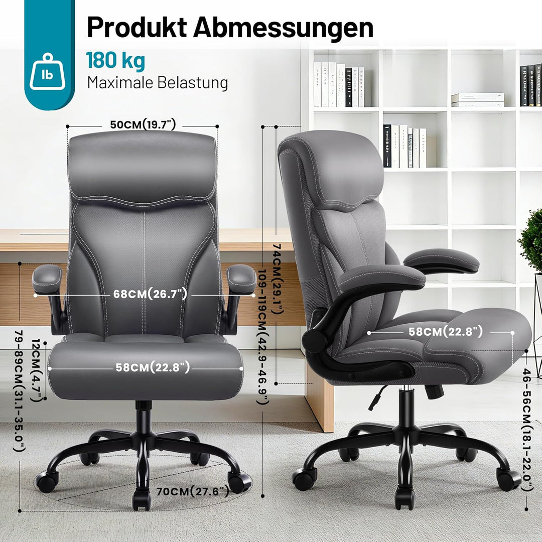 Chefsessel aus PU-Kunstleder, Bürostuhl Ergonomisch mit Verstellbaren Armlehnen und Hoher Rückenlehn