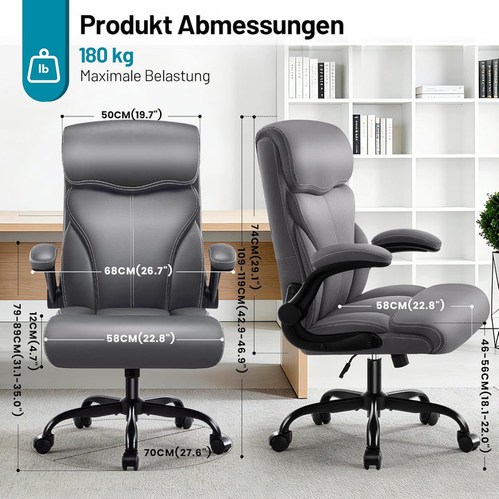 Chefsessel aus PU-Kunstleder, Bürostuhl Ergonomisch mit Verstellbaren Armlehnen und Hoher Rückenlehn