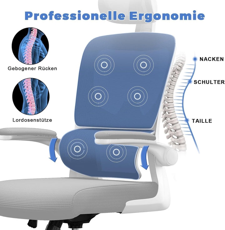 naspaluro Bürostuhl, Ergonomischer Bürostuhl mit Verstellbarer Kopfstütze, Armlehnen, Dynamischer Lo