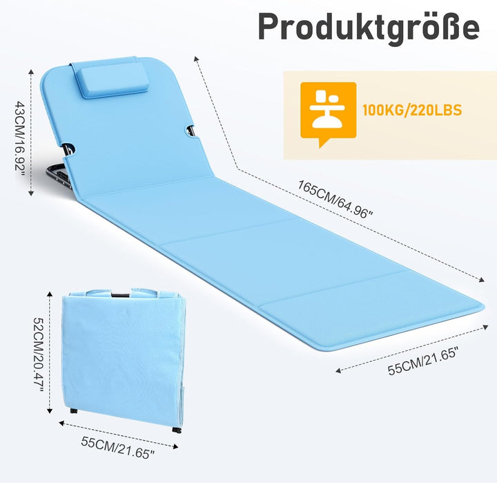 WildFun 2er Set Strandmatte Klappbar mit Rückenlehne 165cm, 5-Stufige Höhe Strandliege Klappbar Leic