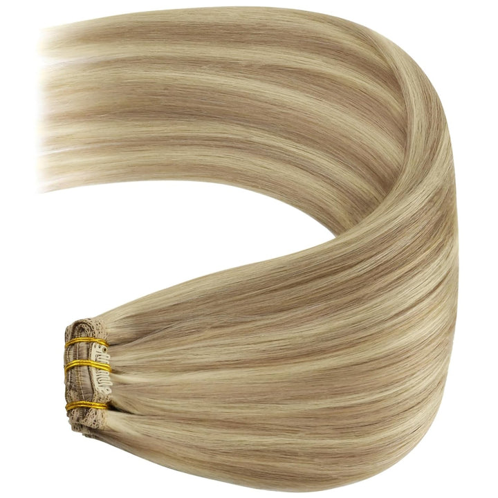 YoungSee Clip in Extensions Echthaar Blond Gesträhnt 40 cm 120g 7 Stück Extensions Echthaar Clip Gol