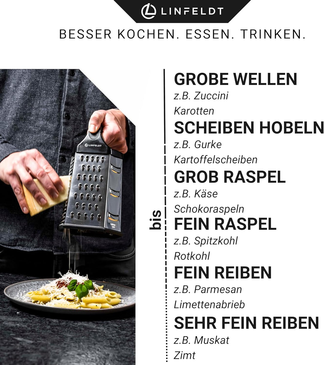 6-Kant Reibe Edelstahl Küchenreibe mit Behälter - Rostfrei Spülmaschinengeeignet 23x14cm Multi Reibe