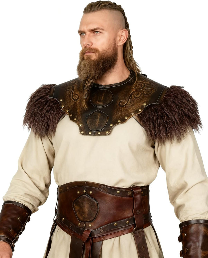 keland Wikinger Rüstung Leder Brustpanzer Mittelalter Fell Schulter Herren Damen (Braun-1), Braun-1