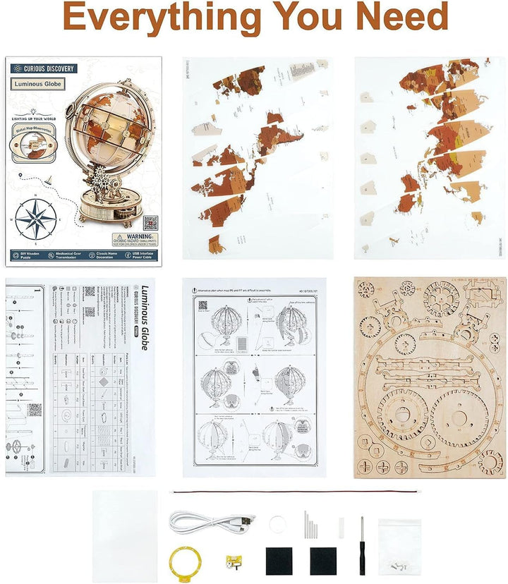 Robotime 3D Puzzle Holz fur Erwachsene Leuchtende Weltkugel Holzpuzzle Modellbausatz mit LED Licht D