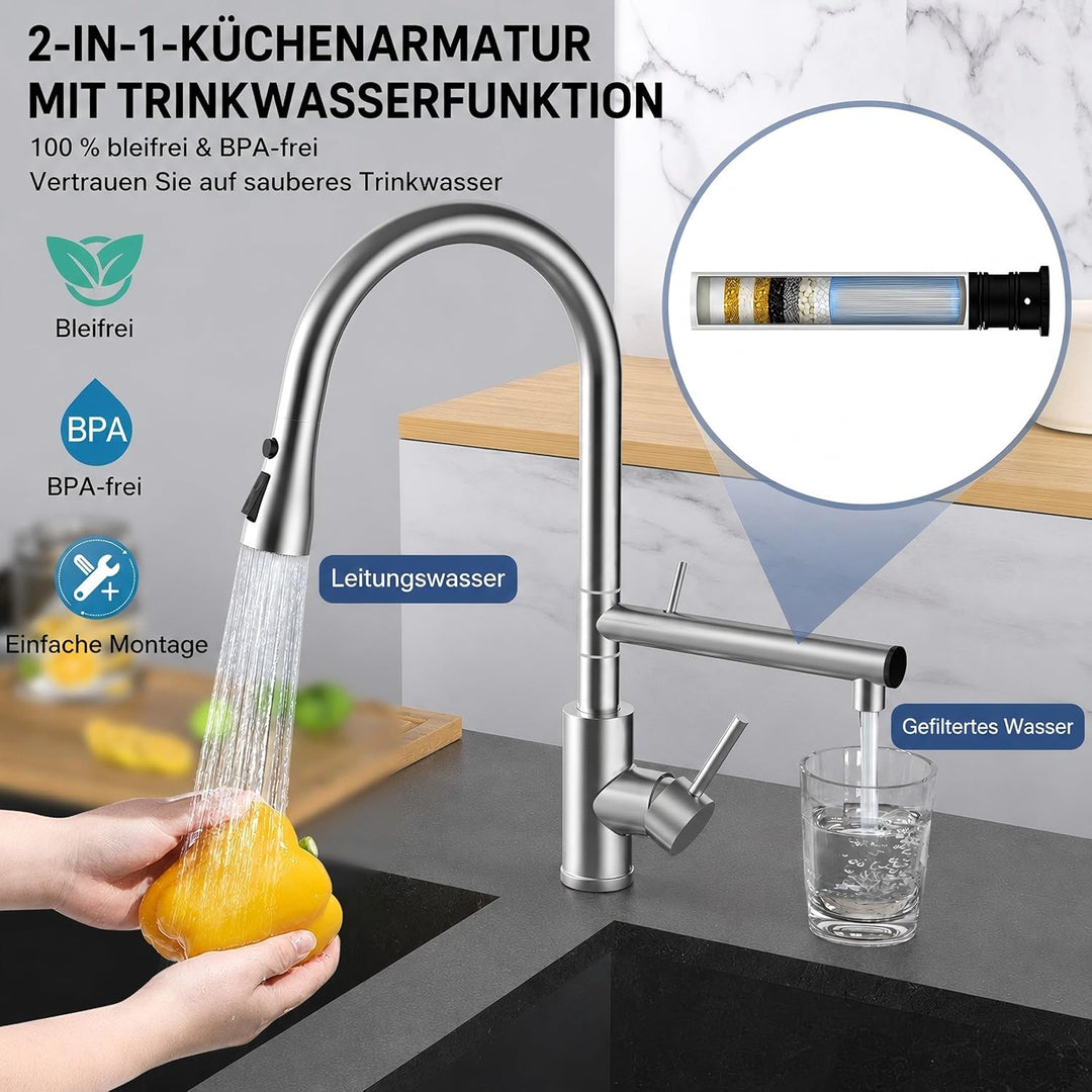 FEELSO Küchenarmatur mit Filter, 2-in-1 Wasserhahn Küche Ausziehbar mit 2 Strahlarten, 360° Drehbare