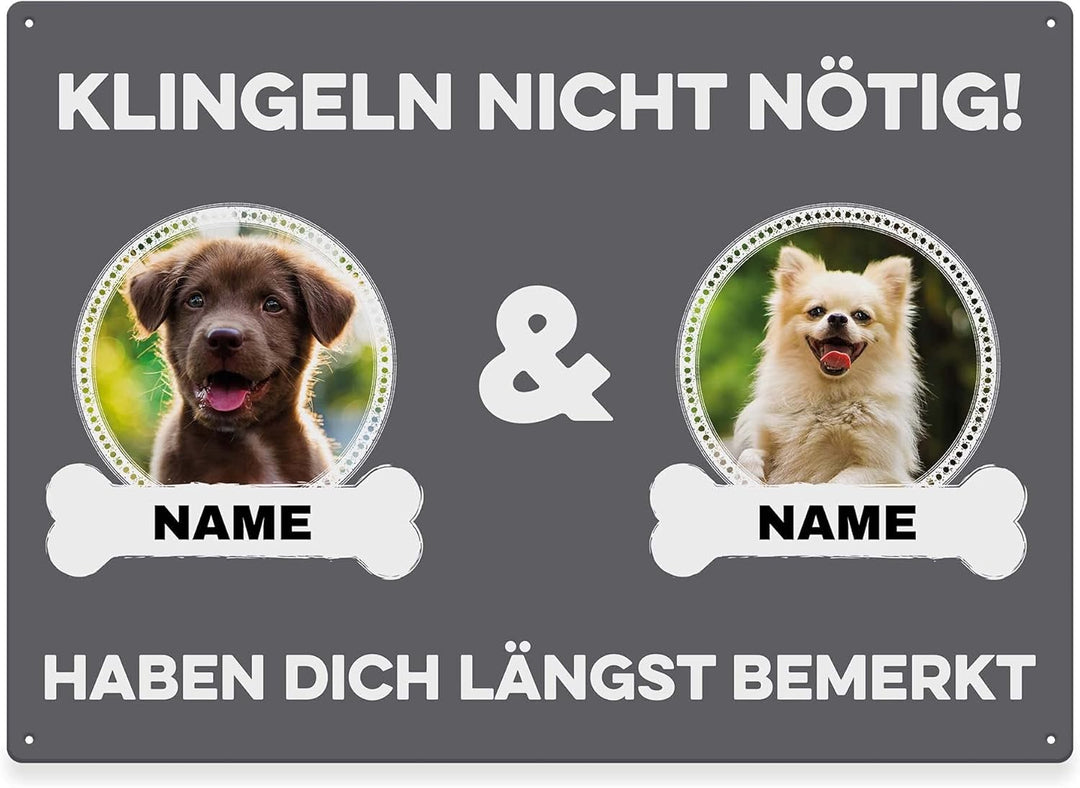 Hunde Schild personalisiert - Klingeln nicht nötig - Metallschild mit Foto und Name für aussen, wett