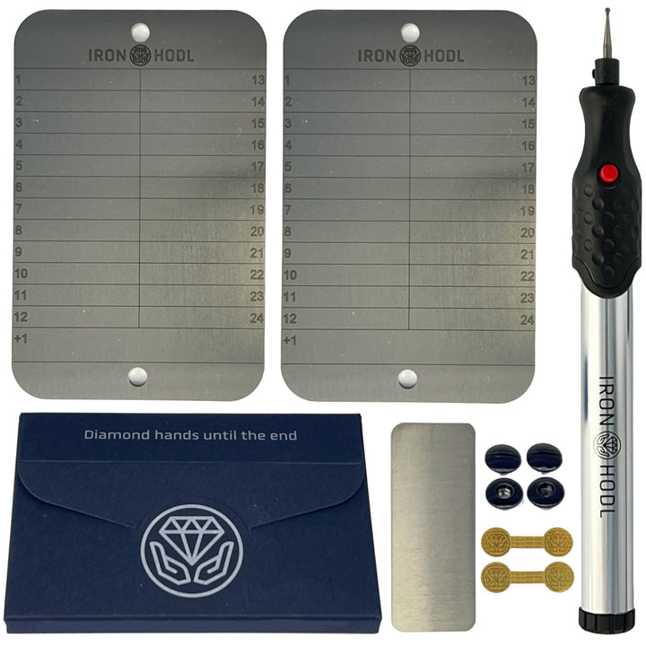 IRON HODL Steel Wallet + Gravierstift silber + Testplatte, Schrauben, Sticker, Box - (2x 24+1) Recov