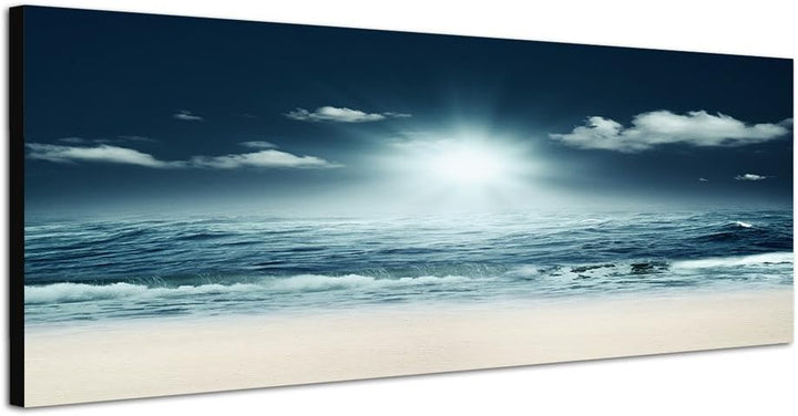 Paul Sinus Art Panoramabild auf Leinwand und Keilrahmen 150x50cm Strand Meer Wellen Licht Nacht abst