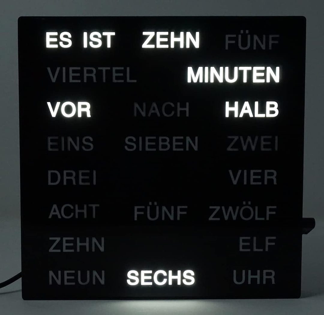 Uhr mit Deutscher LED Wort Anzeige Wortuhr schwarz 20x20 cm Tischuhr Wanduhr