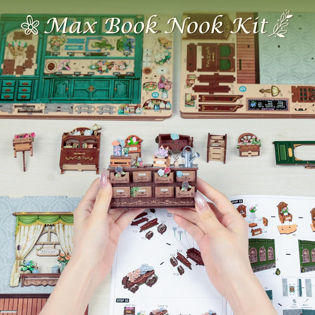 3D-Holz-Miniaturhaus mit LED – dekoratives Bücherregal-Deko, Selbstbau-Puzzle für Erwachsene, kreati