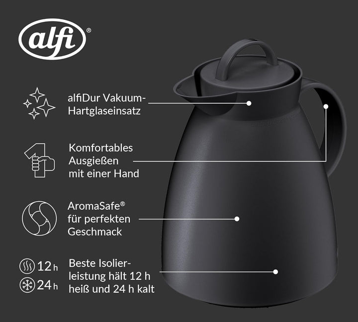 alfi DAN 1,00l, velvet black mat, Kunststoff-Isolierkanne mit hygienischem Hartglaseinsatz, Drehvers