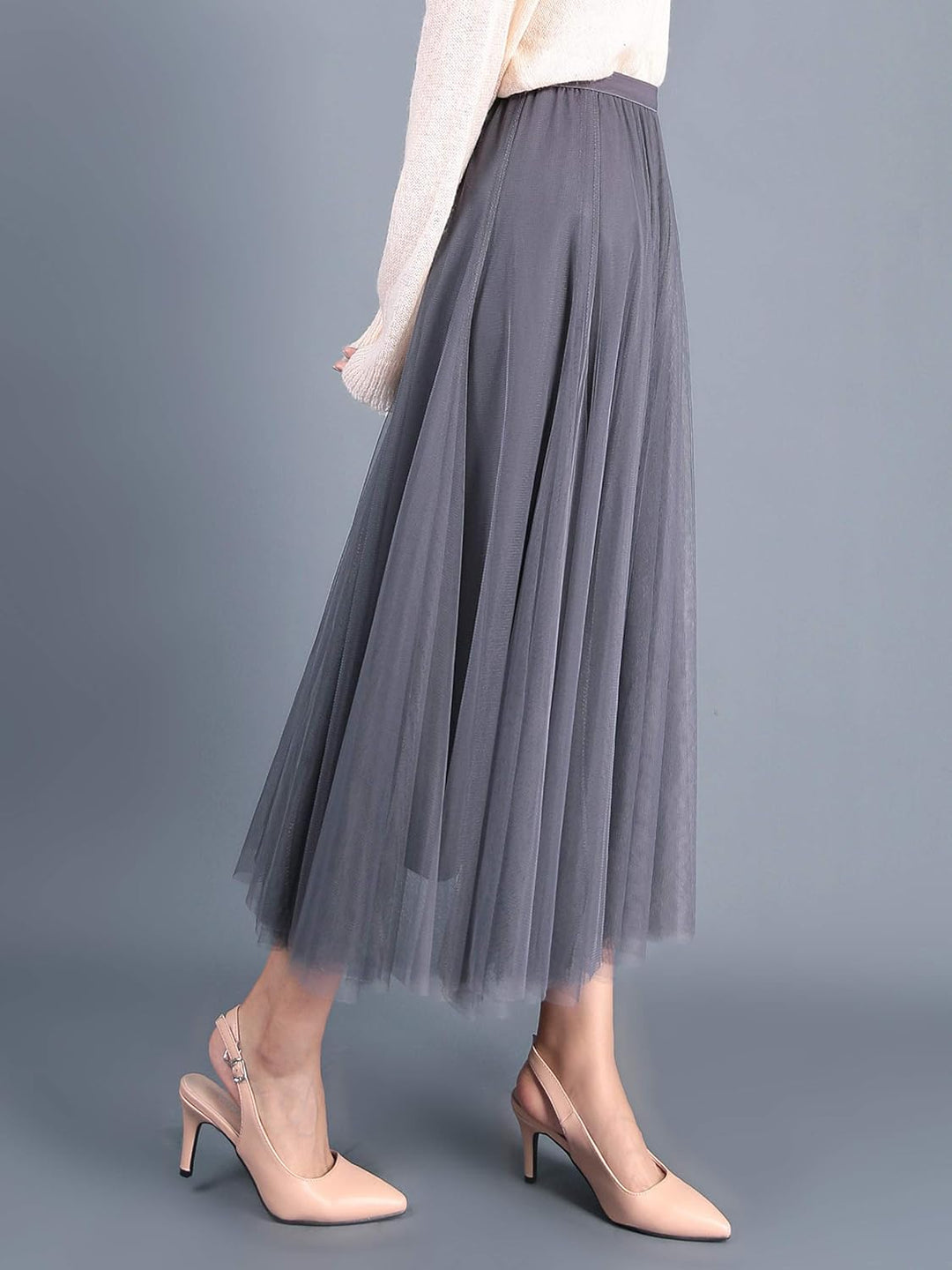 Damen Rock Sommer Langer Tüllrock A-Linie Faltenrock Knöchellang Hoher Bund Schick Maxirock Elastisc