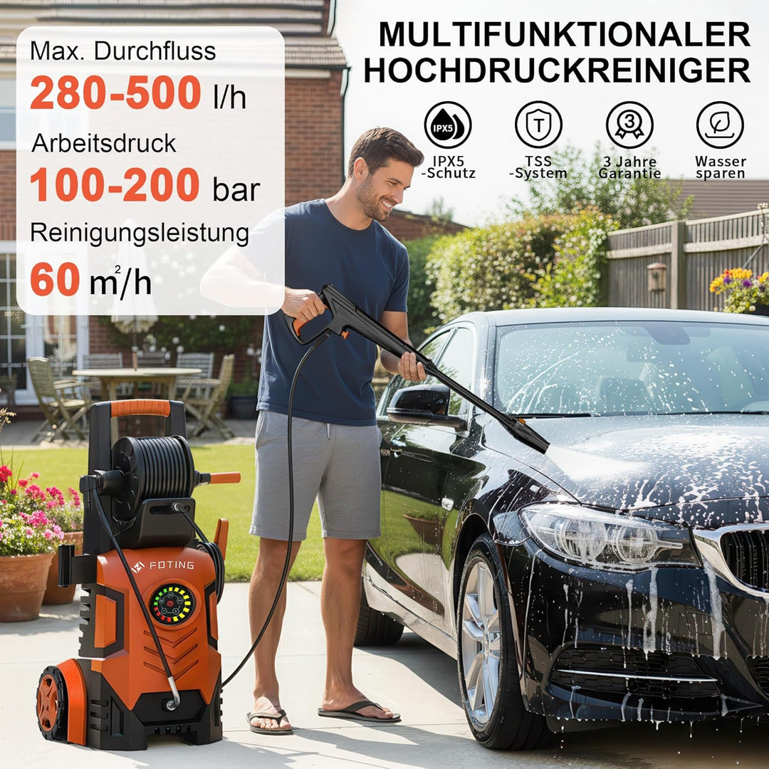 Hochdruckreiniger Touchscreen 8-stufiger 200 bar, 6-in-1-Düse, Einstellbarer Druck: 100-200 bar, För