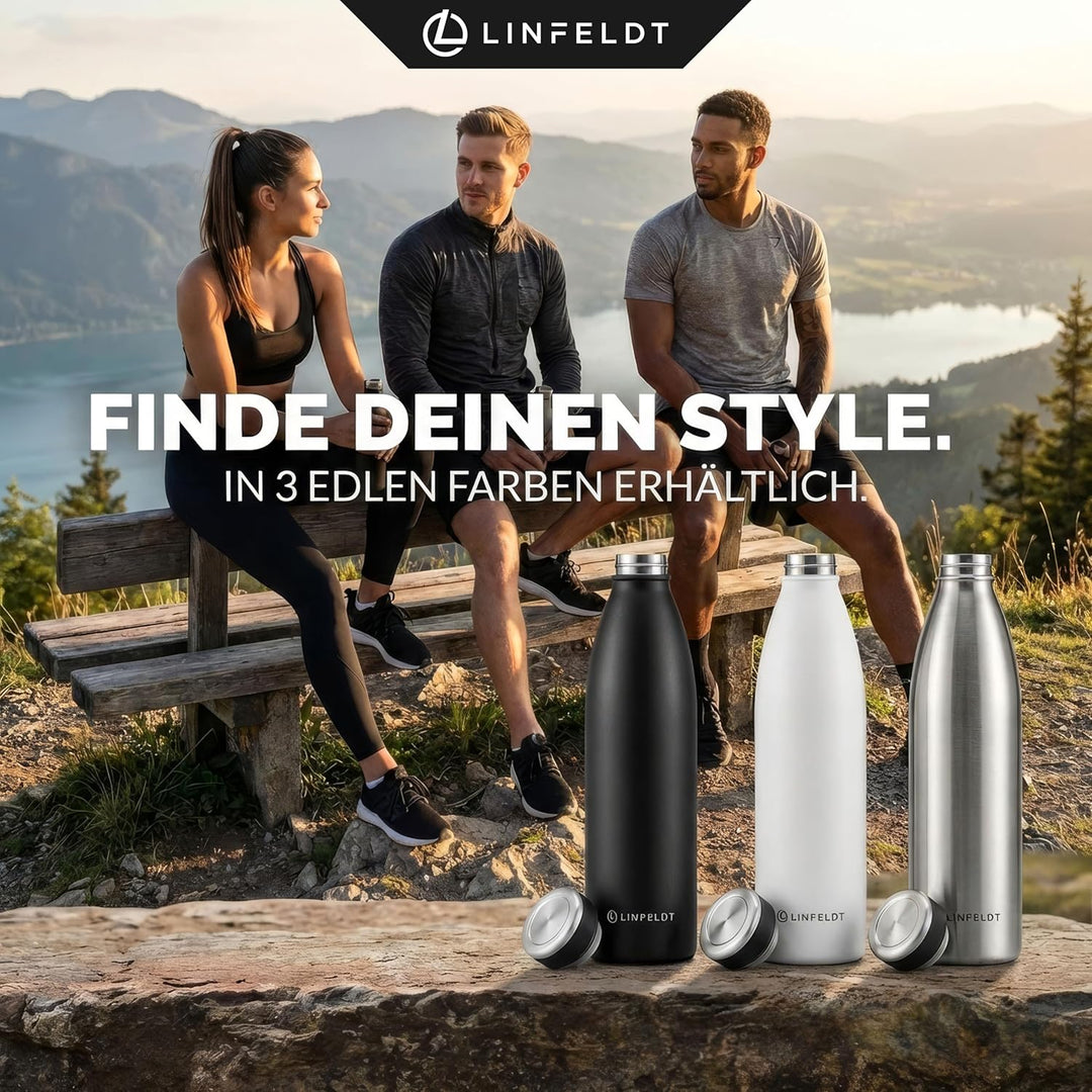 LINFELDT® 1L Trinkflasche Edelstahl Isoliert 24H Auslaufsicher + Sprudel | 1000ml Wasserflasche geig