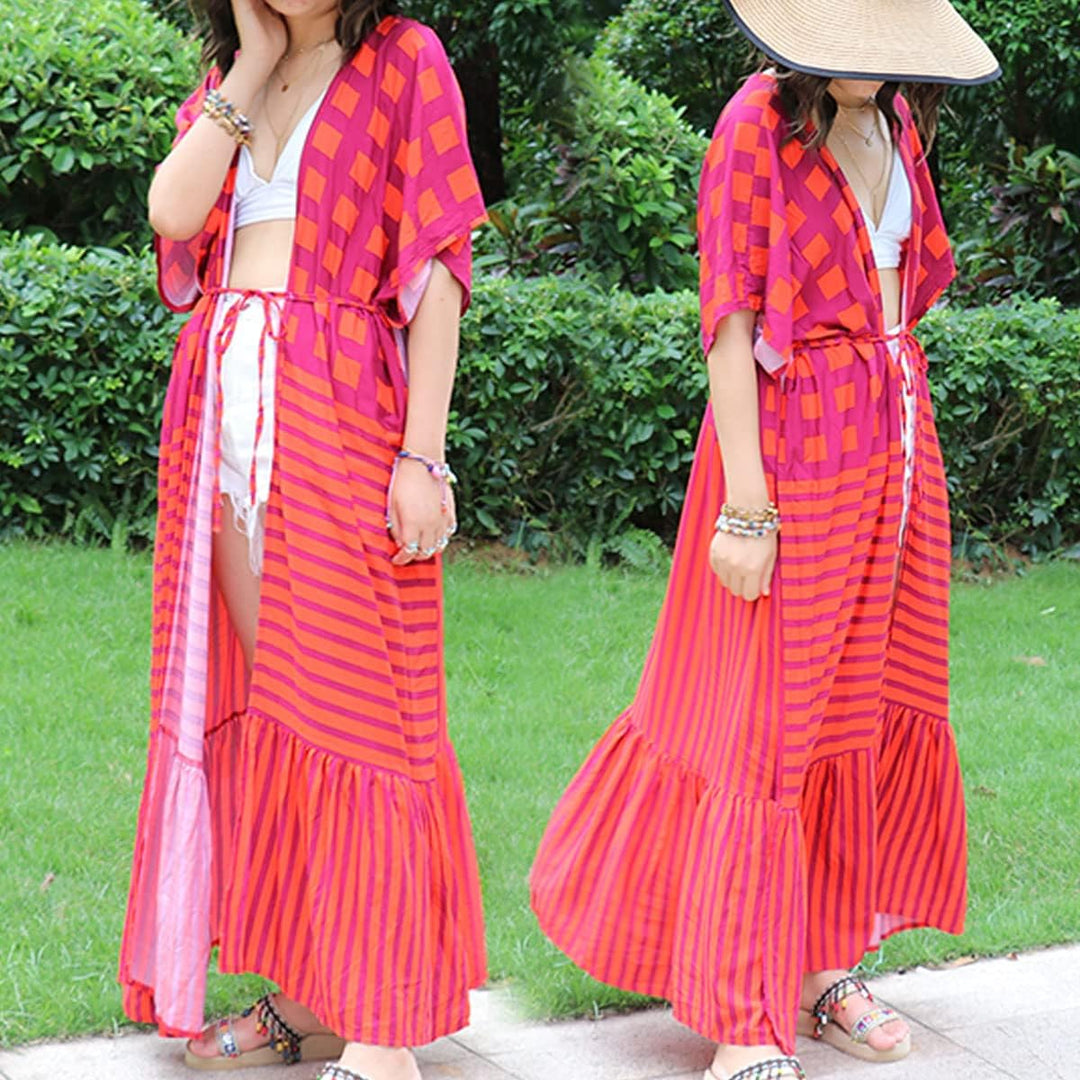 Damen Strand Kimono Cardigan Sommer Lange Strandkimonos Übergrösse Strandponcho Bunt Bikini Cover Up