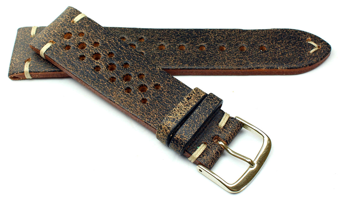 22mm Fluco Racing Rallye Vintage Rindsleder Uhrenarmband handgemacht in Deutschland Robust braun wei